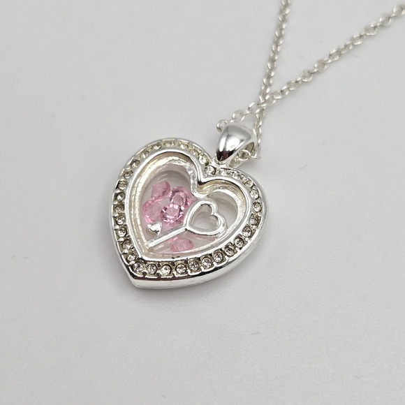 Heart Necklace Silvertone Keepsake Pendant Pink White Rhinestone Dainty Twee NEW - Picture 2 of 12